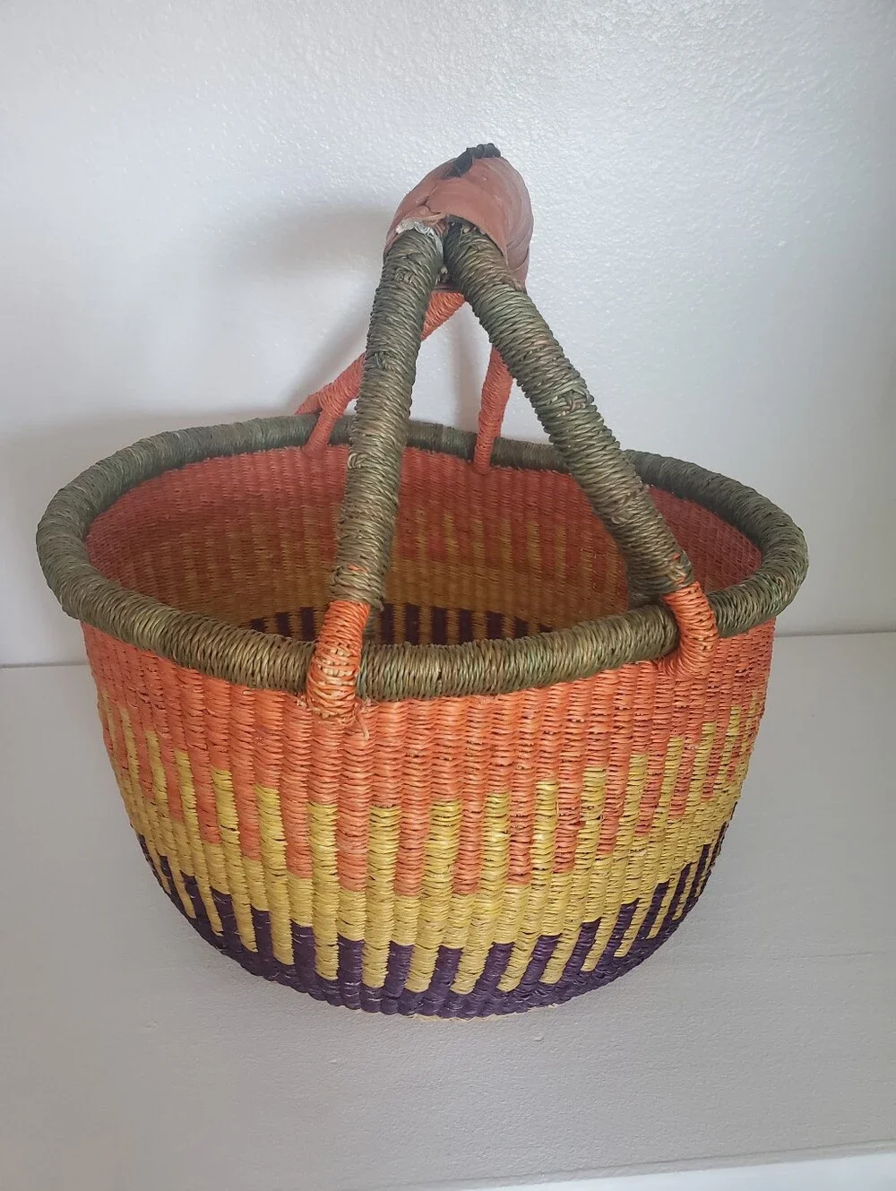 Large Colorful Basket Leather Handle Home Decor Boho Farmhouse Coastal Western